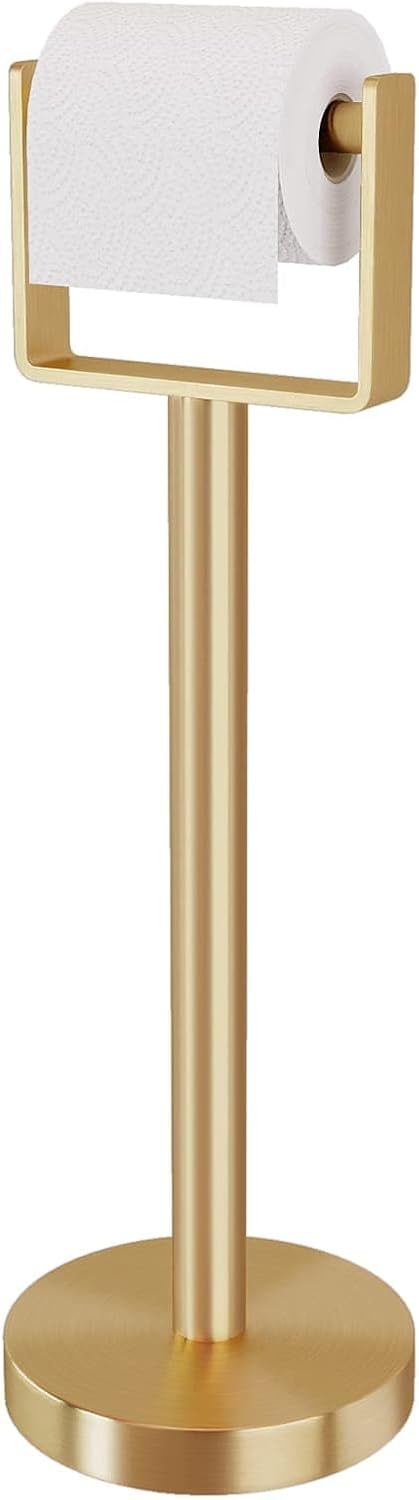 YUMORE Toilet Paper Holder Free Standing, Stainless Steel Toilet Paper Stand, Weighted Base Floor Tissue Roll Holder for Bathroom, Matte Black 200UP