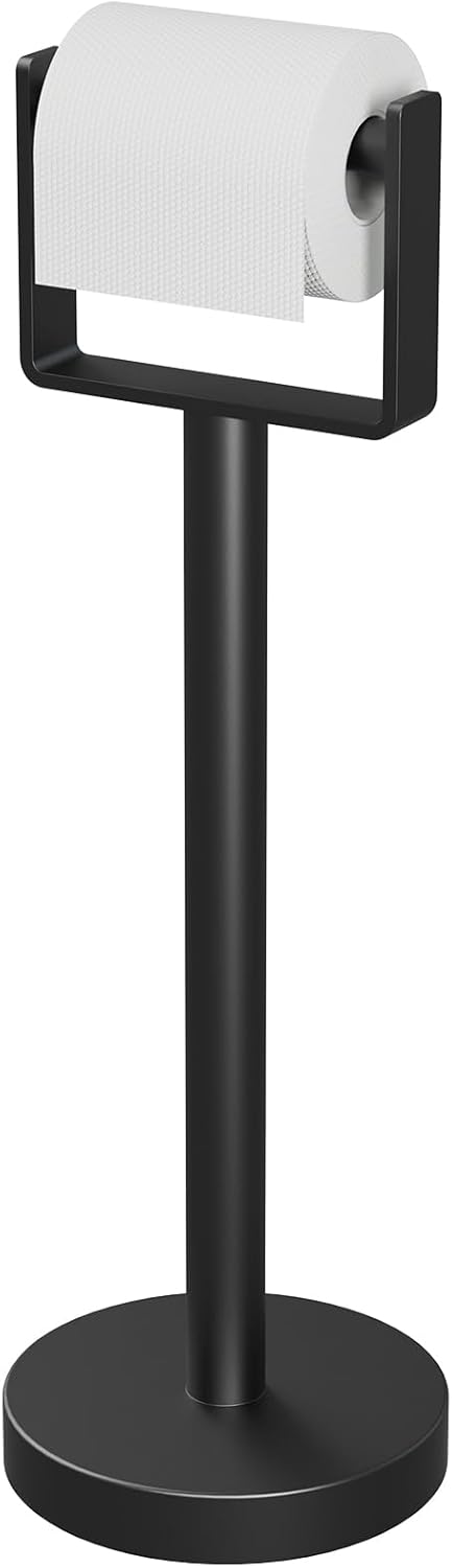 YUMORE Toilet Paper Holder Free Standing, Stainless Steel Toilet Paper Stand, Weighted Base Floor Tissue Roll Holder for Bathroom, Matte Black 200UP