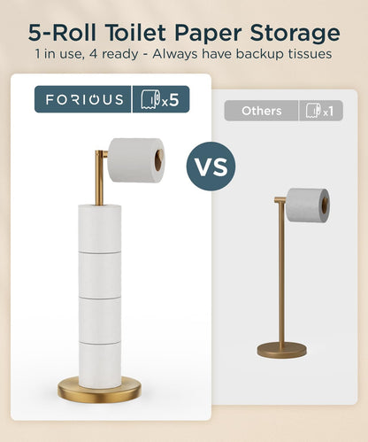 FORIOUS Toilet Paper Holder Stand, Modern Freestanding Tissue Roll Holder for Bathroom, Durable SUS 304 Stainless Steel and Weighted Base Toilet Paper Stand, Storage for 4 Rolls, Brushed Gold