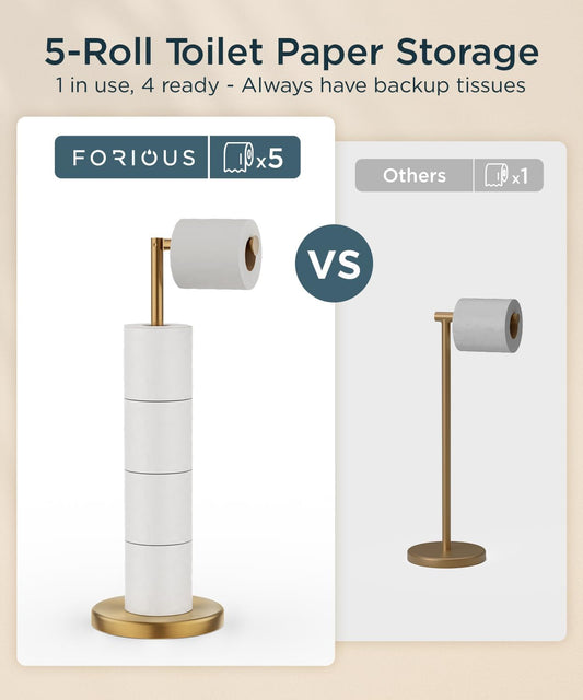 FORIOUS Toilet Paper Holder Stand, Modern Freestanding Tissue Roll Holder for Bathroom, Durable SUS 304 Stainless Steel and Weighted Base Toilet Paper Stand, Storage for 4 Rolls, Brushed Gold