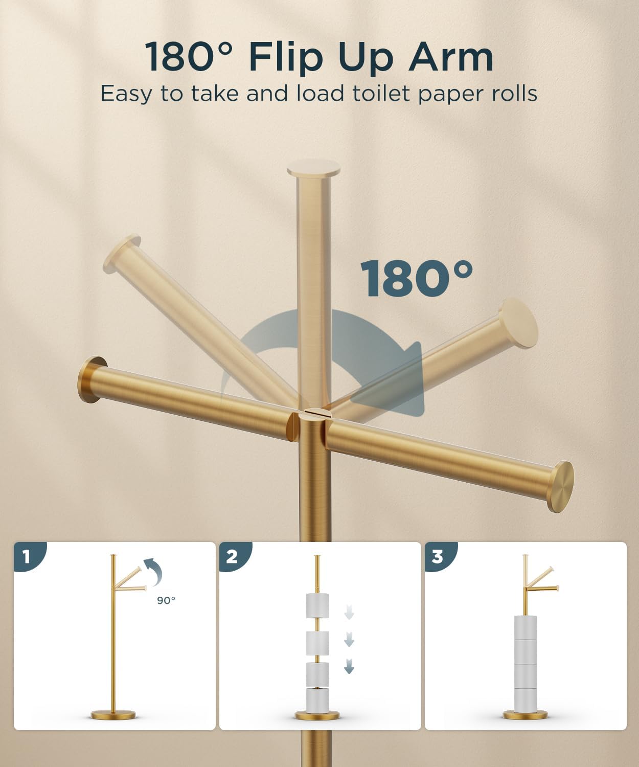 FORIOUS Toilet Paper Holder Stand, Modern Freestanding Tissue Roll Holder for Bathroom, Durable SUS 304 Stainless Steel and Weighted Base Toilet Paper Stand, Storage for 4 Rolls, Brushed Gold
