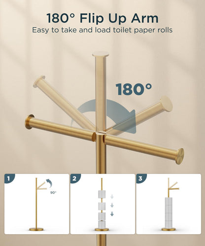 FORIOUS Toilet Paper Holder Stand, Modern Freestanding Tissue Roll Holder for Bathroom, Durable SUS 304 Stainless Steel and Weighted Base Toilet Paper Stand, Storage for 4 Rolls, Brushed Gold