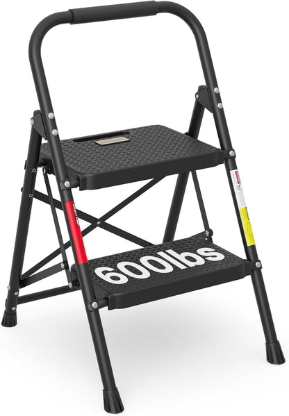 BONTEC 3-Step Ladder, Folding Step Stool, 600lbs Max Load Capacity, Sturdy Steel, Non-Slip Pedals, Lightweight, Portable Steel Ladder with Convenient Handrail, Safety Design for Home & Work, White