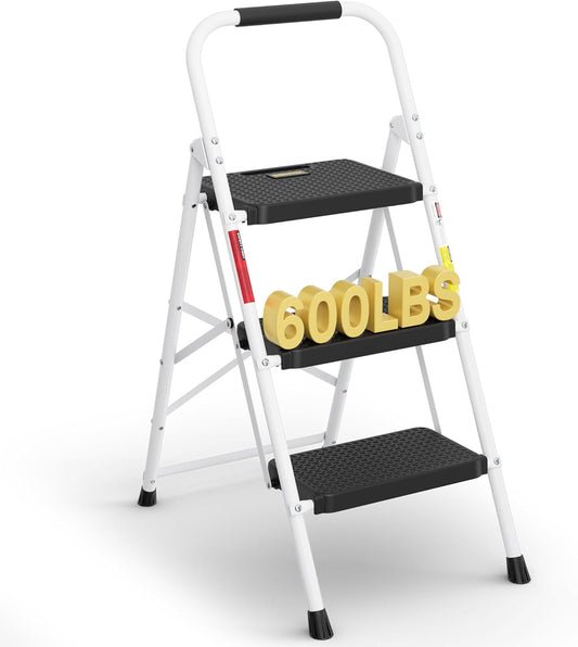BONTEC 3-Step Ladder, Folding Step Stool, 600lbs Max Load Capacity, Sturdy Steel, Non-Slip Pedals, Lightweight, Portable Steel Ladder with Convenient Handrail, Safety Design for Home & Work, White