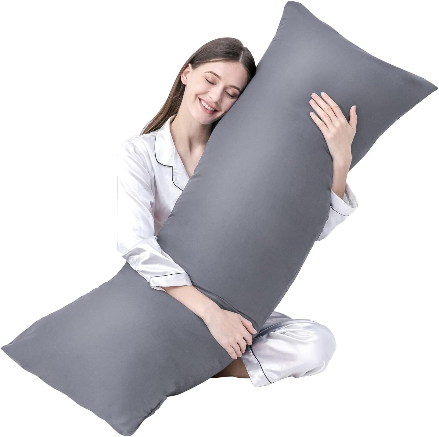 DOWNCOOL Large Body Pillow Insert with Cooling Cover - Soft Long Bed Pillow for Summer - Breathable Full Body Pillow for Adults - 20x54 inch (Grey, with Cover)