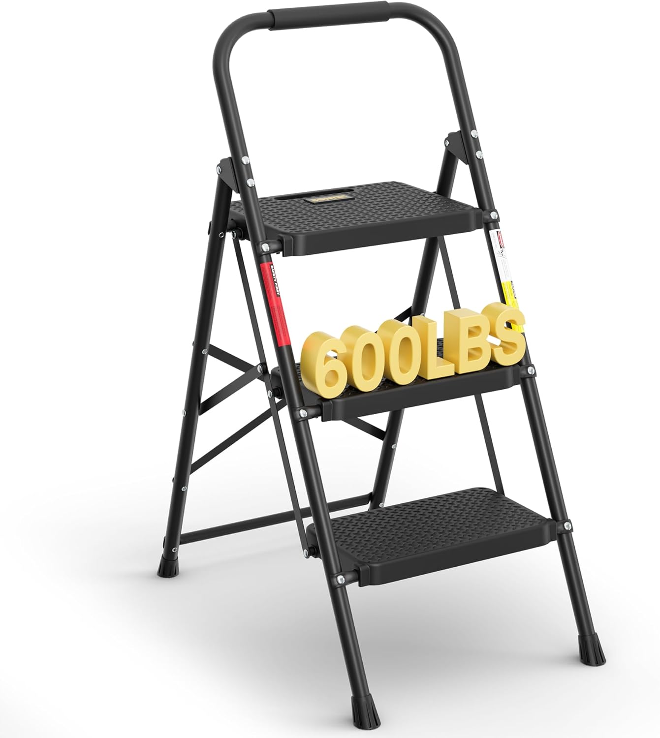 BONTEC 3-Step Ladder, Folding Step Stool, 600lbs Max Load Capacity, Sturdy Steel, Non-Slip Pedals, Lightweight, Portable Steel Ladder with Convenient Handrail, Safety Design for Home & Work, White