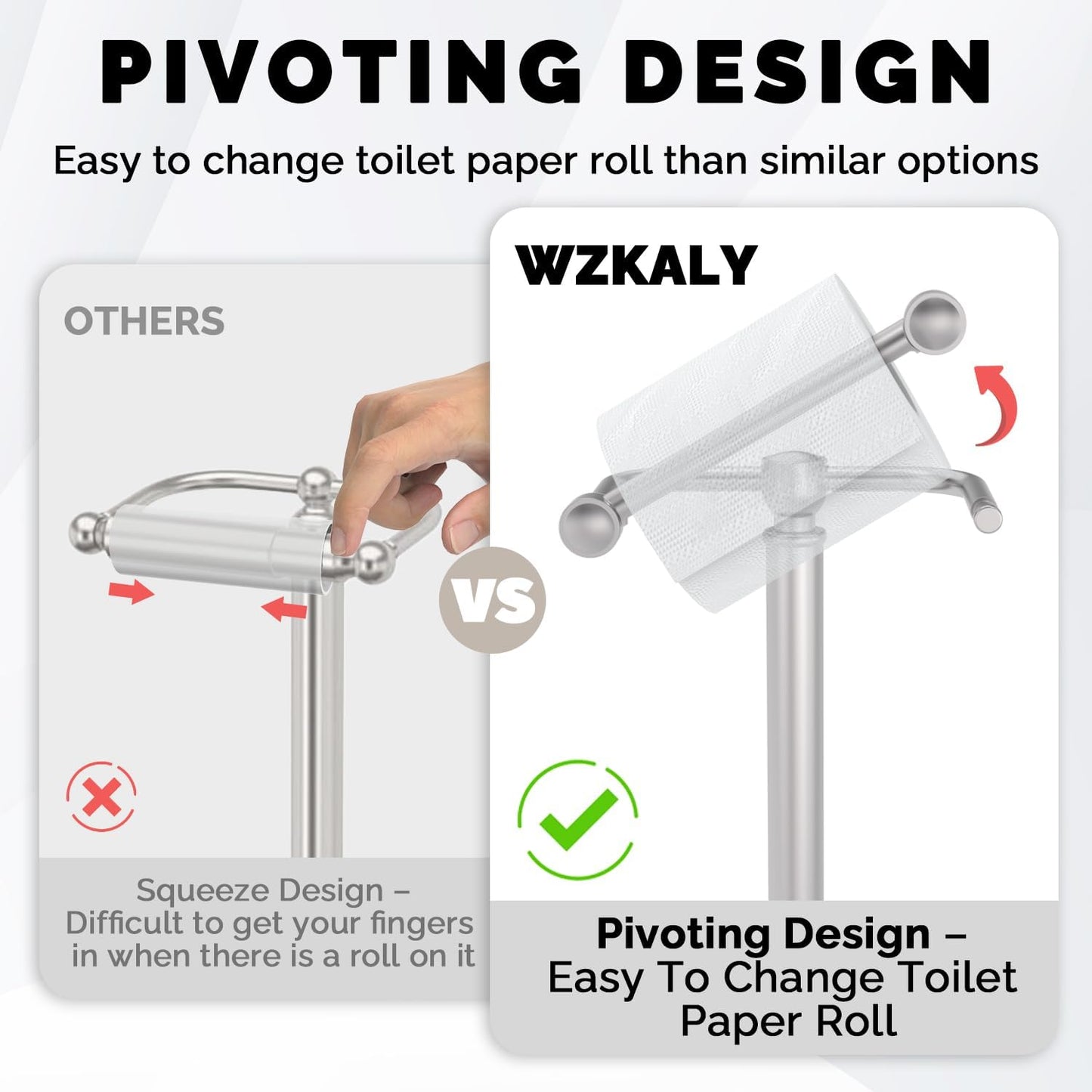 Toilet Paper Holder Stand, Brushed Nickel Toilet Paper Holder Free Standing, Post Pivoting Design & Stable Weighted Base SUS304 Stainless Steel for Bathroom(Mega Roll)