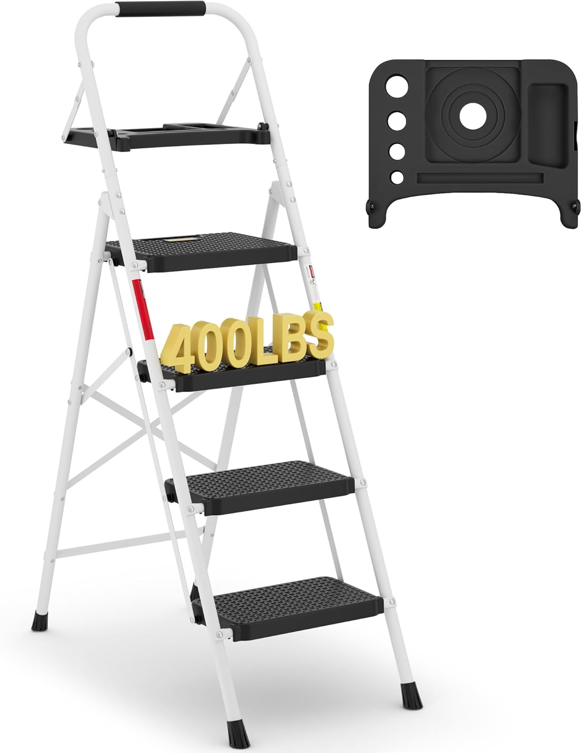 BONTEC 3-Step Ladder, Folding Step Stool, 600lbs Max Load Capacity, Sturdy Steel, Non-Slip Pedals, Lightweight, Portable Steel Ladder with Convenient Handrail, Safety Design for Home & Work, White