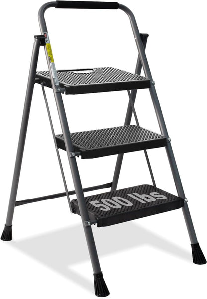 2 Step Ladder, GOLYTON 2 Lightweight Folding Step Stool with Wide Anti-Slip Pedal and Comfort Handgrip, Lightweight 500 lbs Portable Steel Ladder Multi-Use Household and Office, Grey