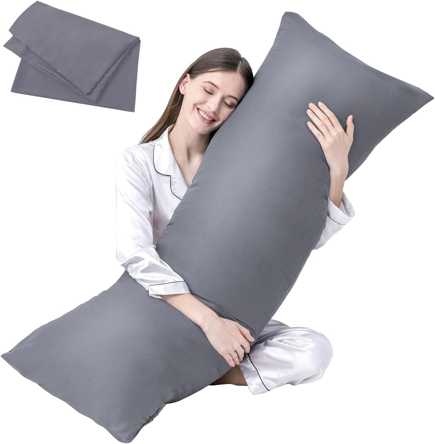 DOWNCOOL Large Body Pillow Insert with Cooling Cover - Soft Long Bed Pillow for Summer - Breathable Full Body Pillow for Adults - 20x54 inch (Grey, with Cover)