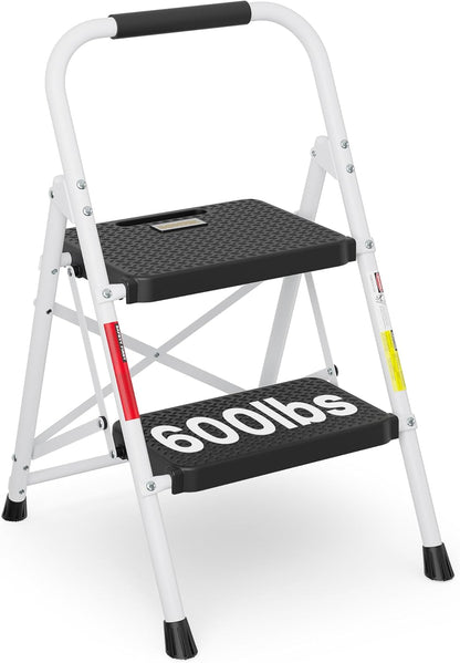 BONTEC 3-Step Ladder, Folding Step Stool, 600lbs Max Load Capacity, Sturdy Steel, Non-Slip Pedals, Lightweight, Portable Steel Ladder with Convenient Handrail, Safety Design for Home & Work, White