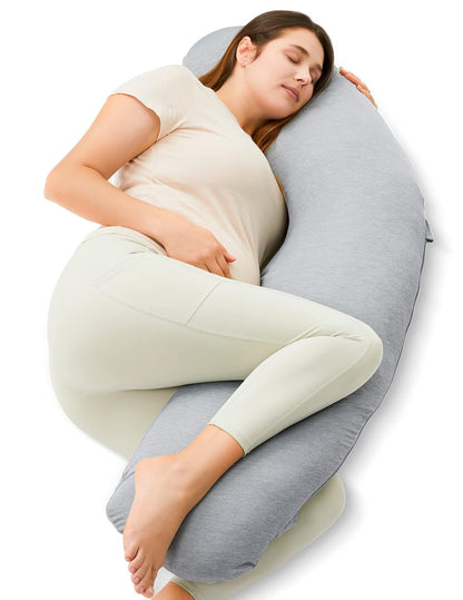 Momcozy Pregnancy Pillows for Side Sleeping, J Shaped Maternity Body Pillow for Pregnancy, Soft Pregnancy Pillow with Jersey Cover for Head Neck Belly Support, Grey