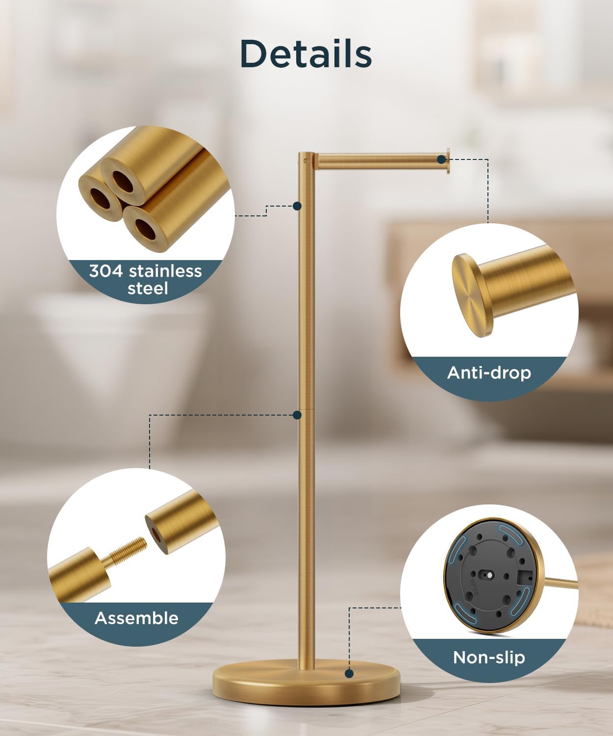 FORIOUS Toilet Paper Holder Stand, Modern Freestanding Tissue Roll Holder for Bathroom, Durable SUS 304 Stainless Steel and Weighted Base Toilet Paper Stand, Storage for 4 Rolls, Brushed Gold