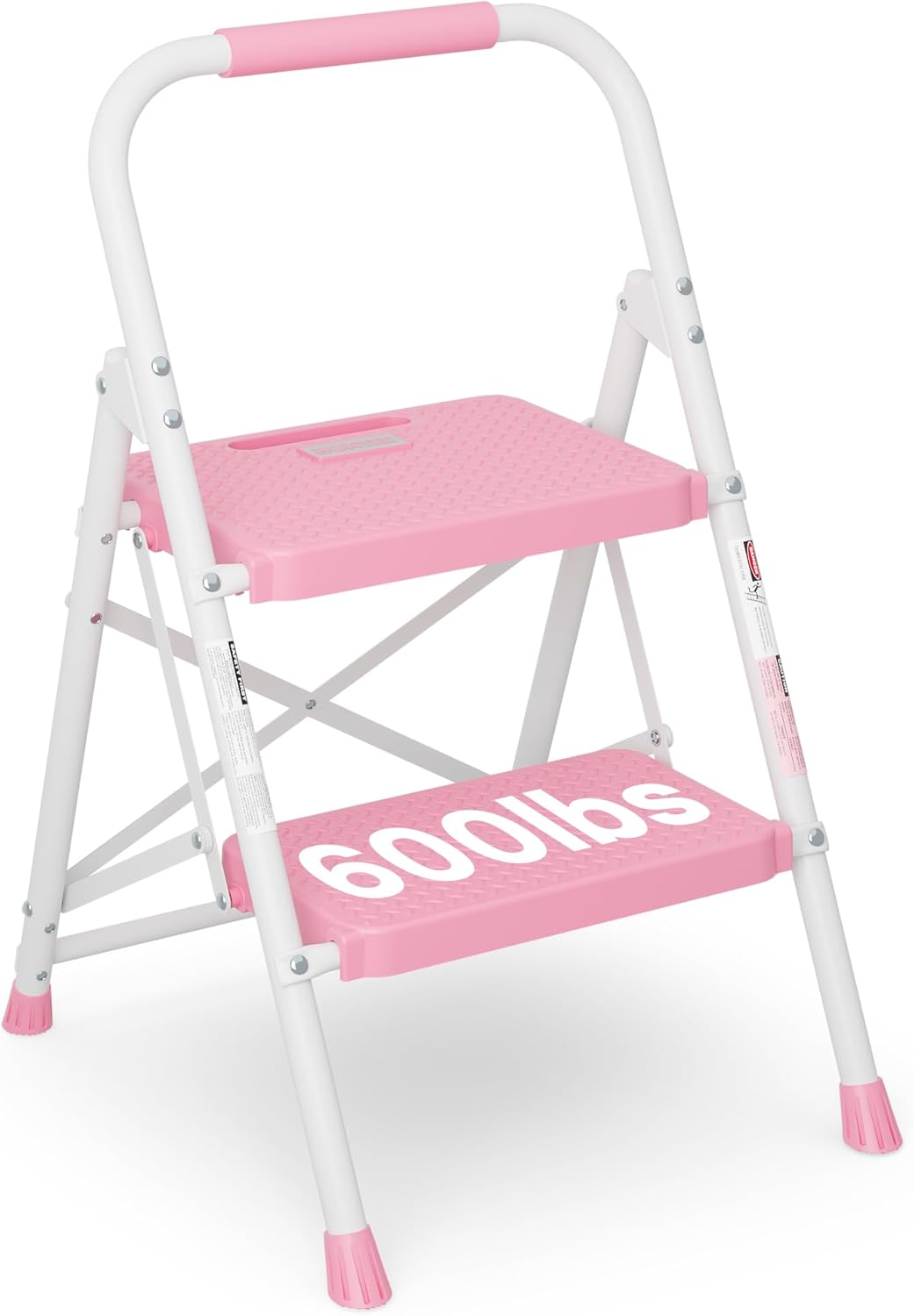 BONTEC 3-Step Ladder, Folding Step Stool, 600lbs Max Load Capacity, Sturdy Steel, Non-Slip Pedals, Lightweight, Portable Steel Ladder with Convenient Handrail, Safety Design for Home & Work, White