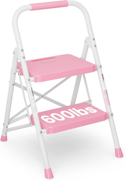 BONTEC 3-Step Ladder, Folding Step Stool, 600lbs Max Load Capacity, Sturdy Steel, Non-Slip Pedals, Lightweight, Portable Steel Ladder with Convenient Handrail, Safety Design for Home & Work, White