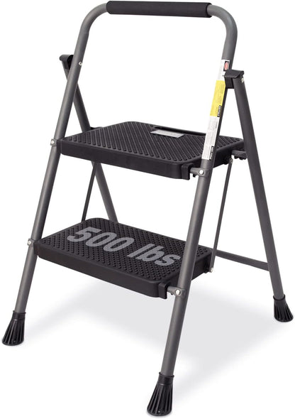 2 Step Ladder, GOLYTON 2 Lightweight Folding Step Stool with Wide Anti-Slip Pedal and Comfort Handgrip, Lightweight 500 lbs Portable Steel Ladder Multi-Use Household and Office, Grey