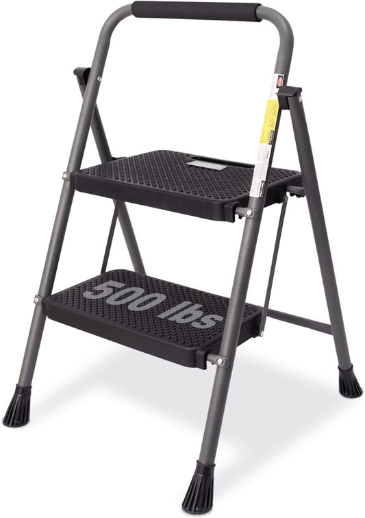 2 Step Ladder, GOLYTON 2 Lightweight Folding Step Stool with Wide Anti-Slip Pedal and Comfort Handgrip, Lightweight 500 lbs Portable Steel Ladder Multi-Use Household and Office, Grey