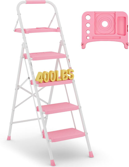 BONTEC 3-Step Ladder, Folding Step Stool, 600lbs Max Load Capacity, Sturdy Steel, Non-Slip Pedals, Lightweight, Portable Steel Ladder with Convenient Handrail, Safety Design for Home & Work, White