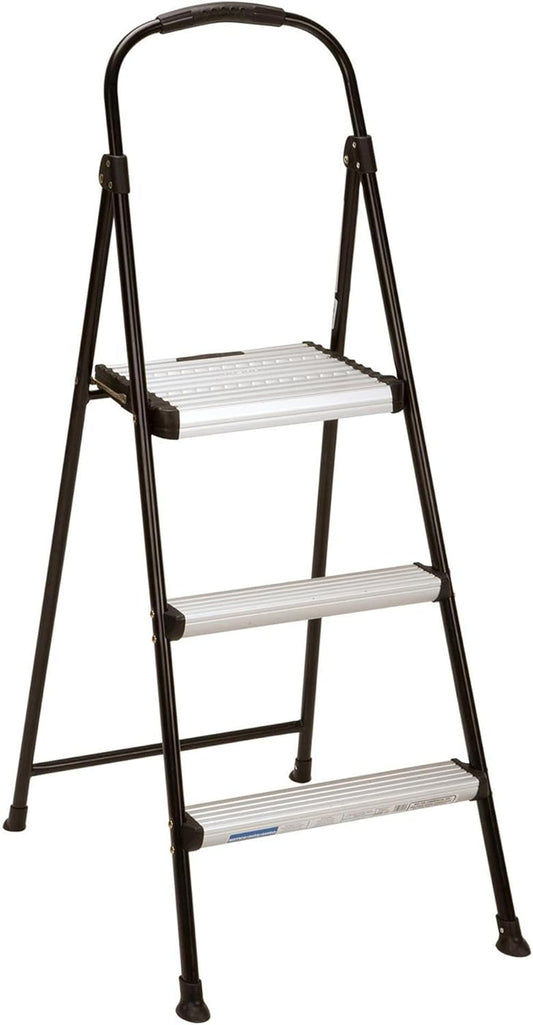 COSCO Lightweight Three-Step Folding Step Stool for Home Use - Large Platform, One-Hand Release, Non-Marring Leg Tips, Aluminum and Steel Frame