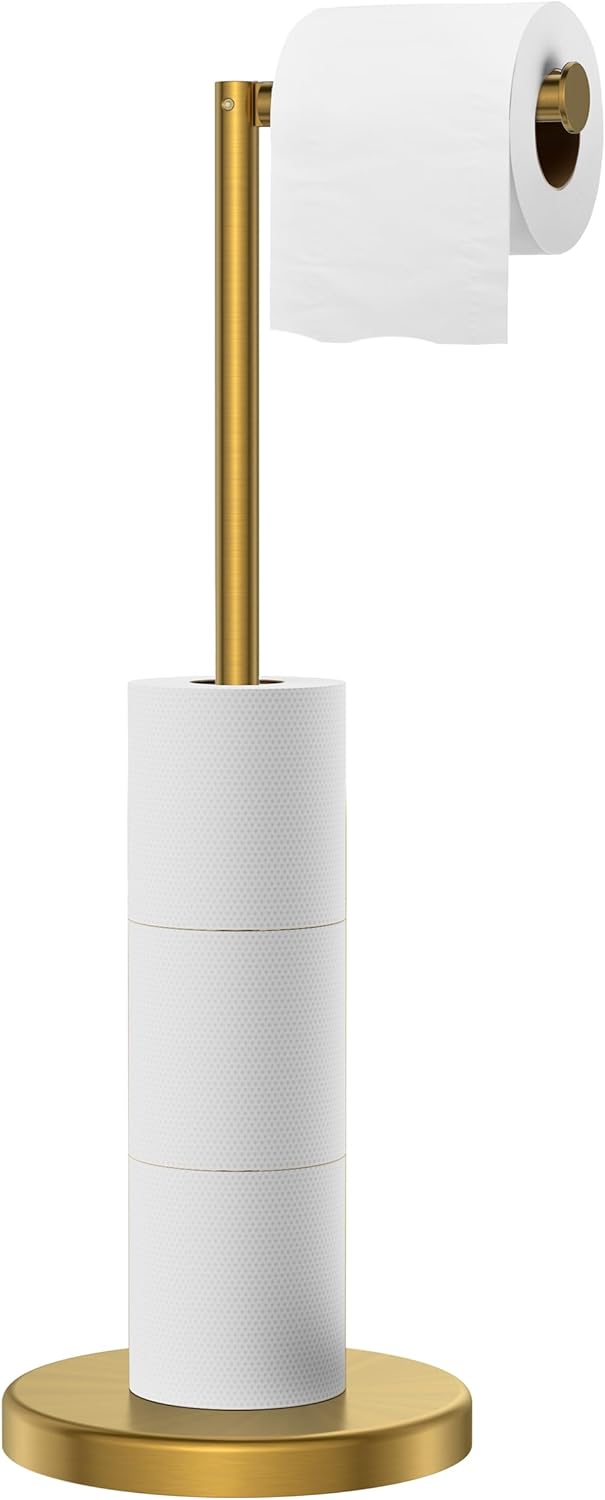 FORIOUS Toilet Paper Holder Stand, Modern Freestanding Tissue Roll Holder for Bathroom, Durable SUS 304 Stainless Steel and Weighted Base Toilet Paper Stand, Storage for 4 Rolls, Brushed Gold
