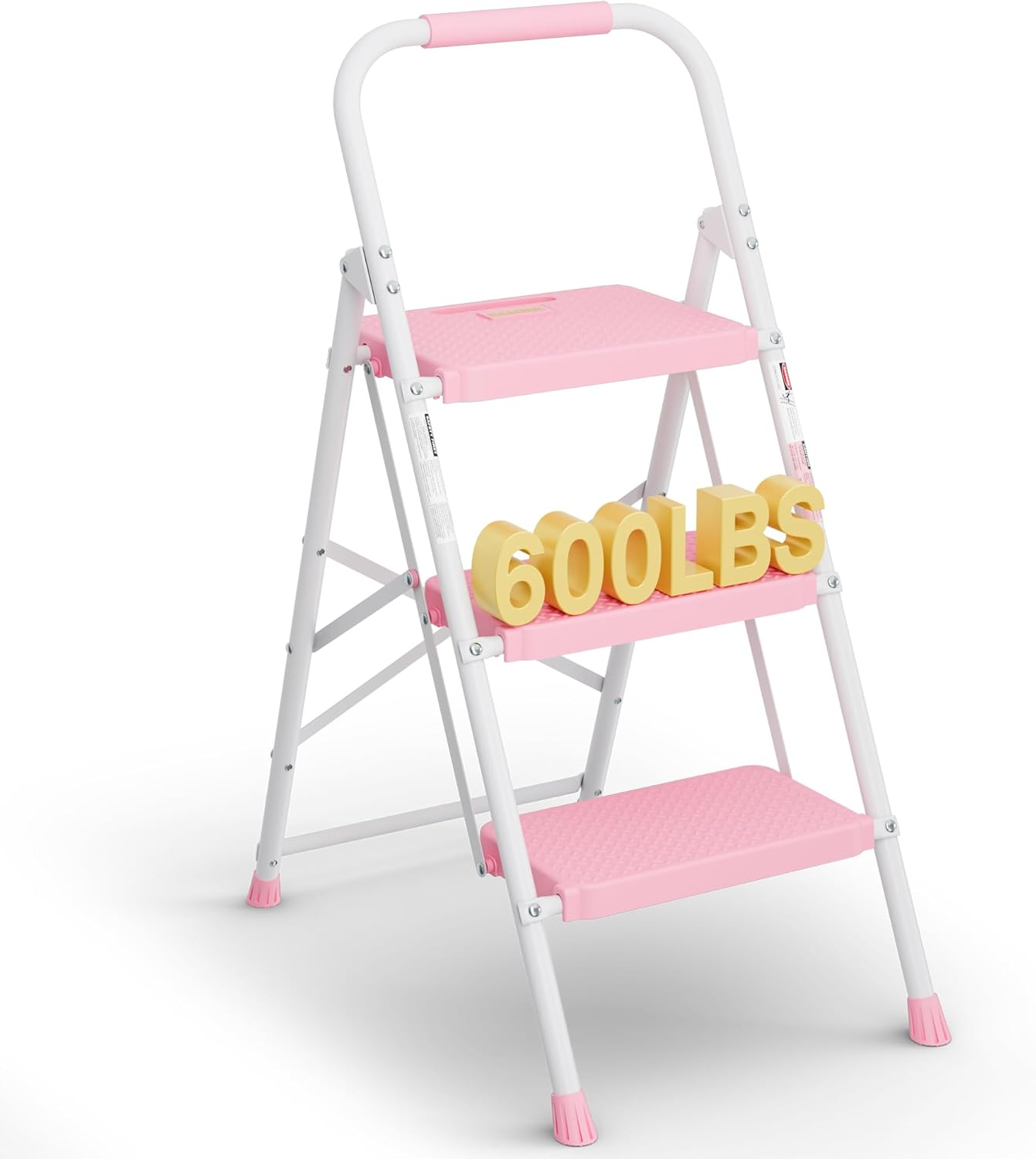 BONTEC 3-Step Ladder, Folding Step Stool, 600lbs Max Load Capacity, Sturdy Steel, Non-Slip Pedals, Lightweight, Portable Steel Ladder with Convenient Handrail, Safety Design for Home & Work, White