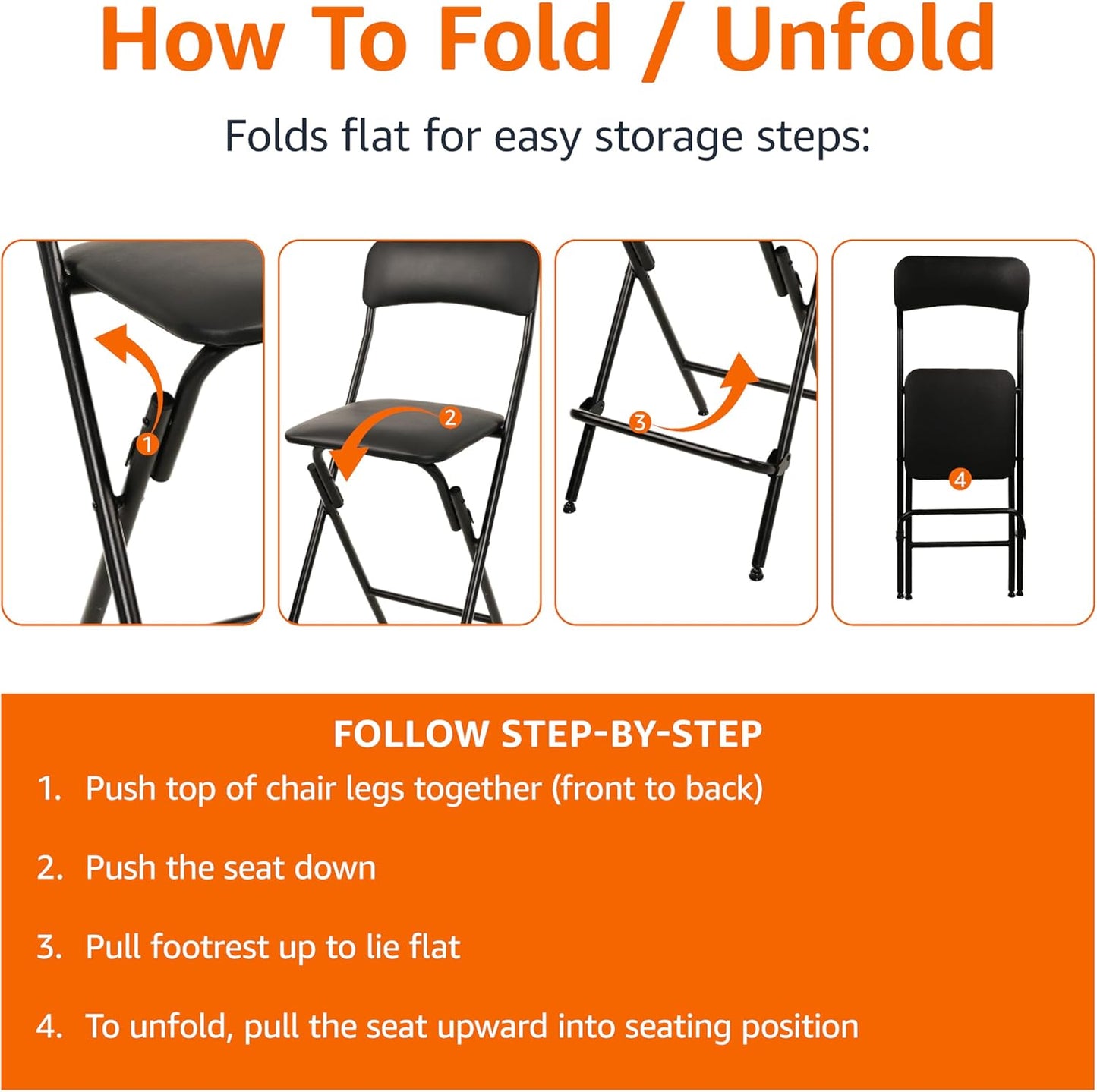 Amazon Basics Folding Stool with footrest, 300lb Capacity, 24" Height, Black, Set of 2