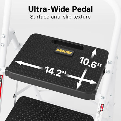 BONTEC 3-Step Ladder, Folding Step Stool, 600lbs Max Load Capacity, Sturdy Steel, Non-Slip Pedals, Lightweight, Portable Steel Ladder with Convenient Handrail, Safety Design for Home & Work, White