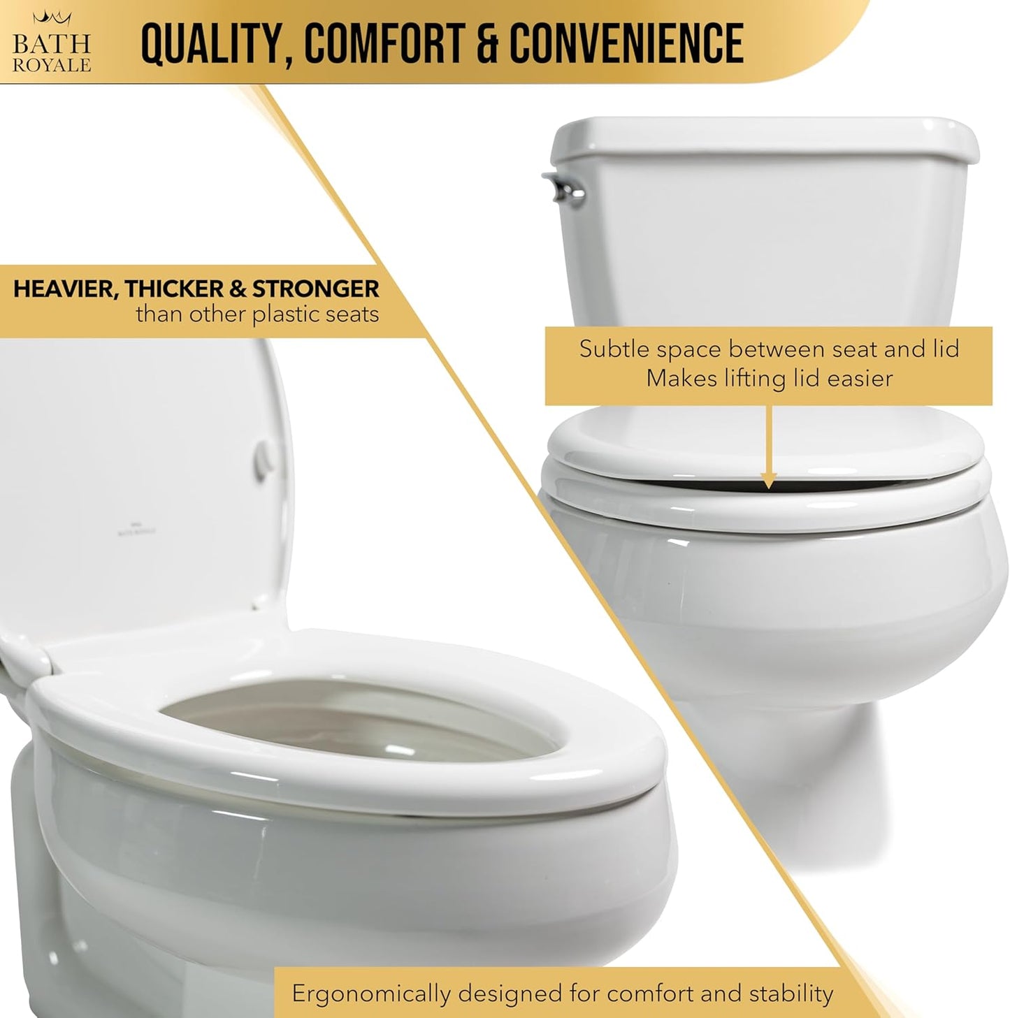 Bath Royale Soft Close Toilet Seat Round with Lid BR500-00 White, Comfortable, Durable, Sturdy, Stain-Resistant and Easy to Clean, Fits All Toilet Brands, Executive Series