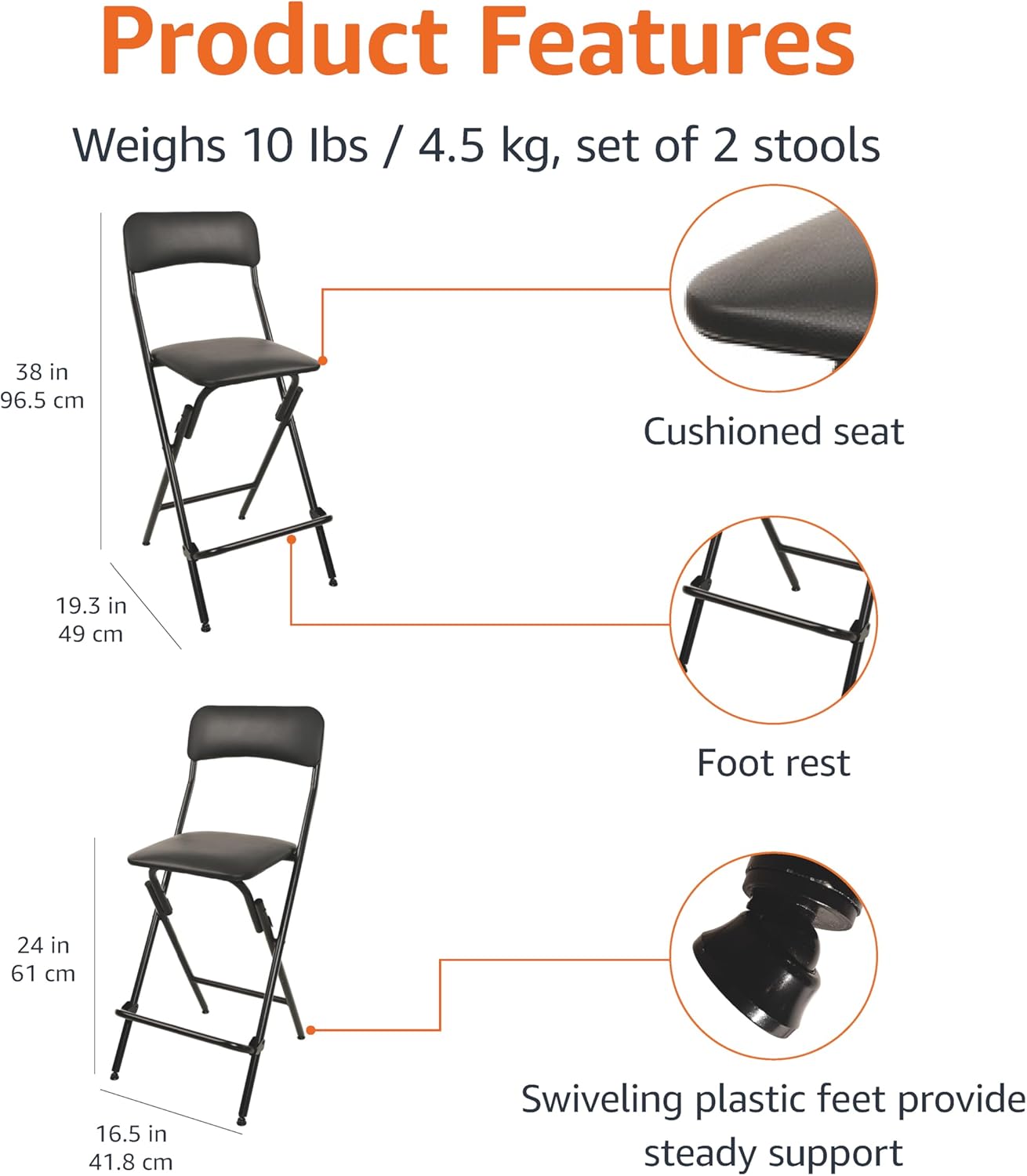 Amazon Basics Folding Stool with footrest, 300lb Capacity, 24" Height, Black, Set of 2