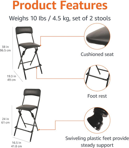 Amazon Basics Folding Stool with footrest, 300lb Capacity, 24" Height, Black, Set of 2