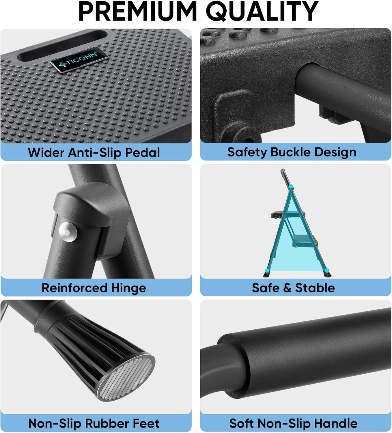 TICONN 2 Step Ladder, Heavy Duty Foldable Step Stool, Portable Steel Folding Stool for Household Garage Storage (Black)