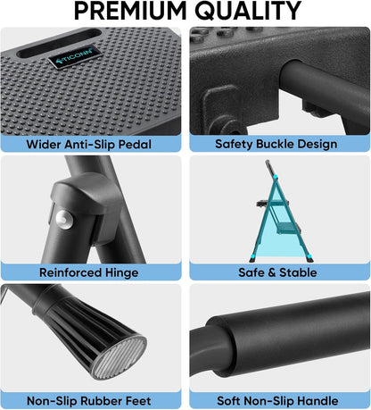 TICONN 2 Step Ladder, Heavy Duty Foldable Step Stool, Portable Steel Folding Stool for Household Garage Storage (Black)