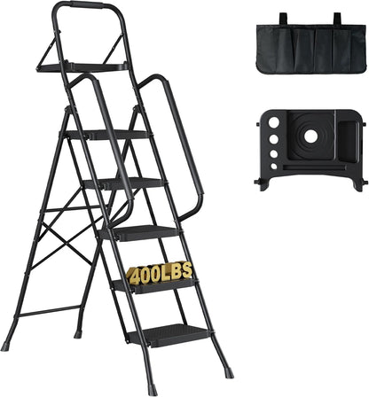 BONTEC 3-Step Ladder, Folding Step Stool, 600lbs Max Load Capacity, Sturdy Steel, Non-Slip Pedals, Lightweight, Portable Steel Ladder with Convenient Handrail, Safety Design for Home & Work, White