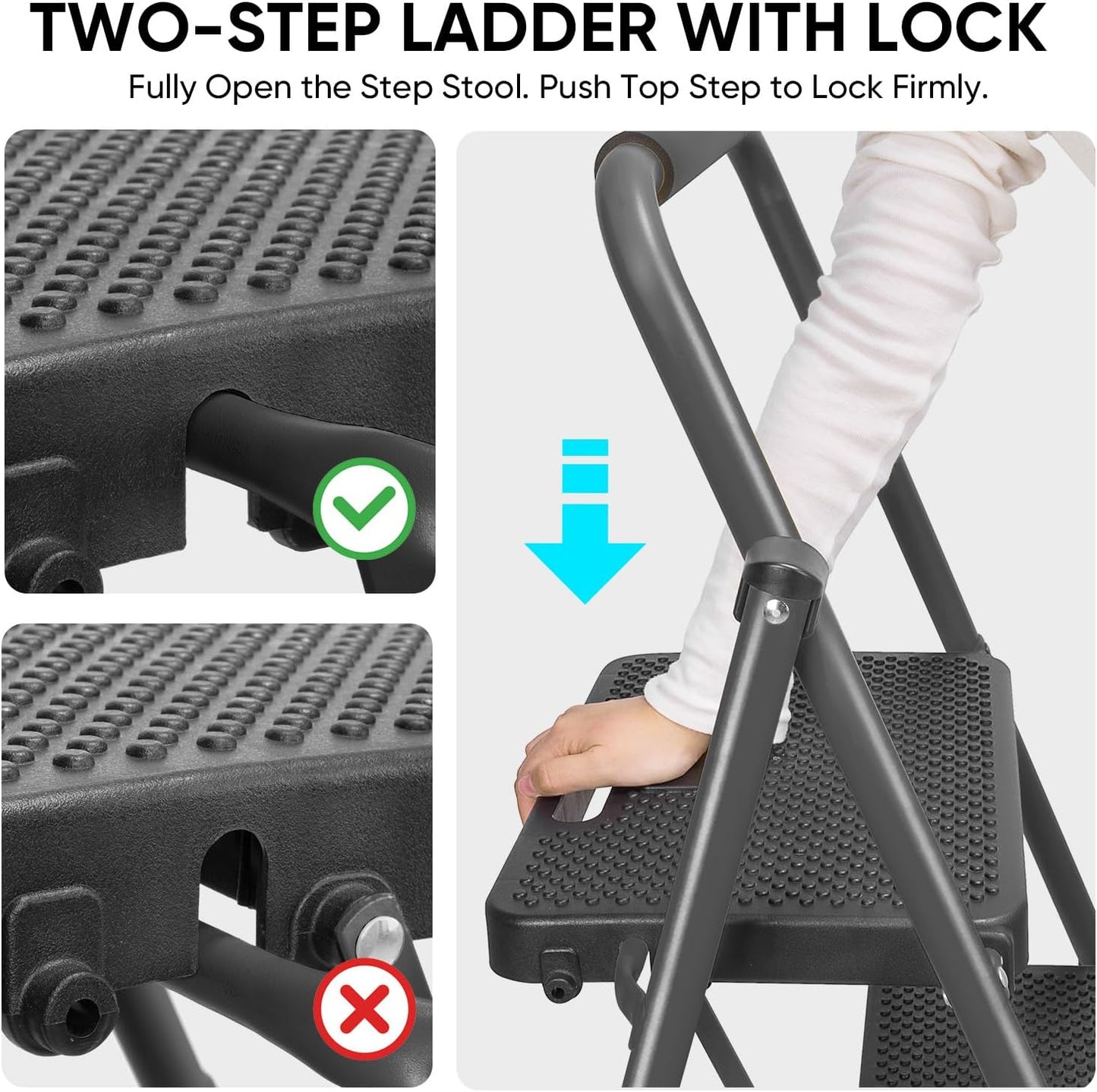 TICONN 2 Step Ladder, Heavy Duty Foldable Step Stool, Portable Steel Folding Stool for Household Garage Storage (Black)