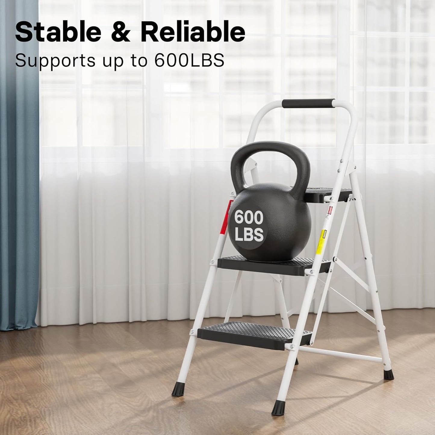 BONTEC 3-Step Ladder, Folding Step Stool, 600lbs Max Load Capacity, Sturdy Steel, Non-Slip Pedals, Lightweight, Portable Steel Ladder with Convenient Handrail, Safety Design for Home & Work, White