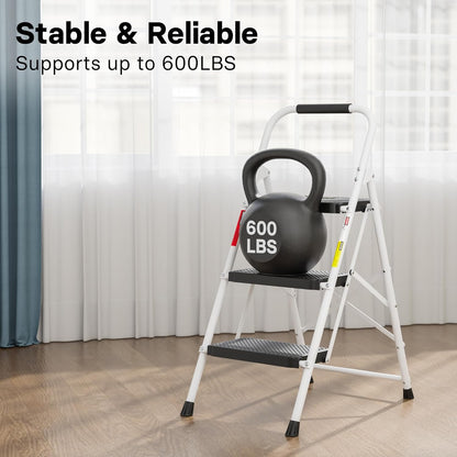 BONTEC 3-Step Ladder, Folding Step Stool, 600lbs Max Load Capacity, Sturdy Steel, Non-Slip Pedals, Lightweight, Portable Steel Ladder with Convenient Handrail, Safety Design for Home & Work, White