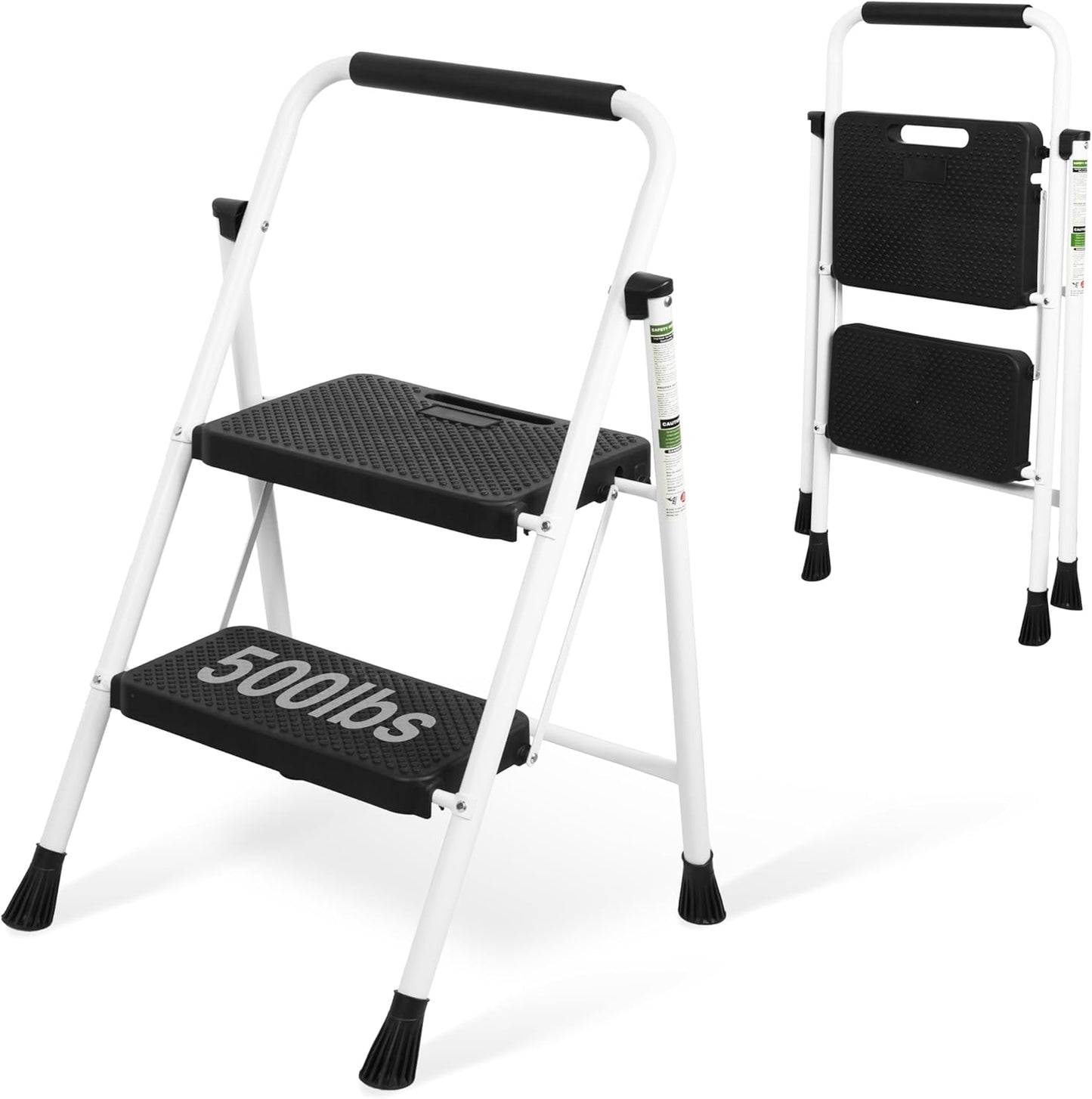 2 Step Ladder, Portable Steel Folding Step Stool with Wide Anti-Slip Pedal & Convenient Handgrip, 500lbs Sturdy Steel Ladder, Black