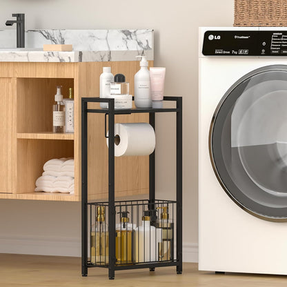 Freestanding Toilet Paper Holder with Storage Shelf – Bathroom Tissue Stand with Space for Phone, Tablet, and Magazines – All-in-One Toilet Roll Dispenser and Organizer