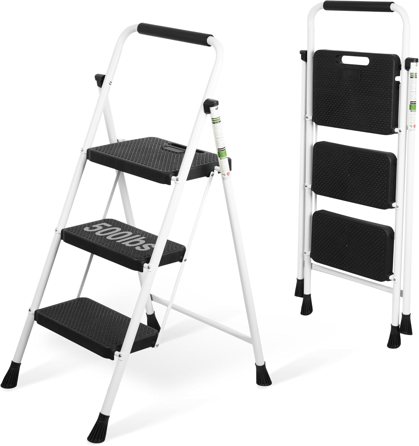 2 Step Ladder, Portable Steel Folding Step Stool with Wide Anti-Slip Pedal & Convenient Handgrip, 500lbs Sturdy Steel Ladder, Black