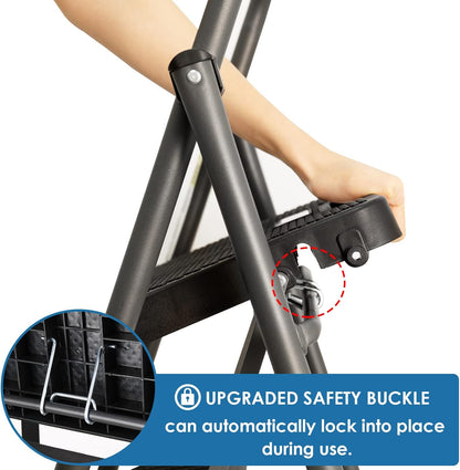 2 Step Ladder, GOLYTON 2 Lightweight Folding Step Stool with Wide Anti-Slip Pedal and Comfort Handgrip, Lightweight 500 lbs Portable Steel Ladder Multi-Use Household and Office, Grey