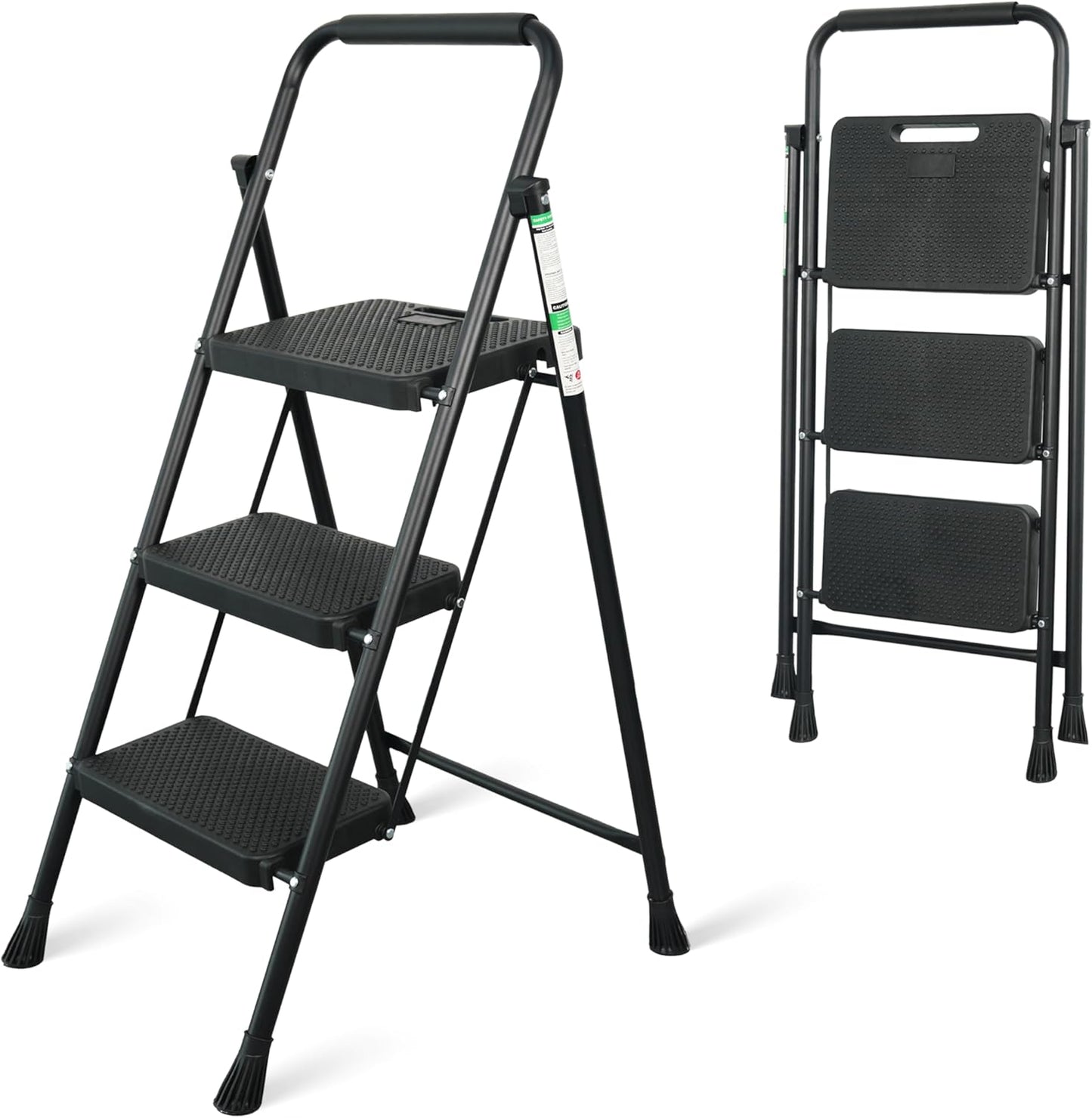2 Step Ladder, Portable Steel Folding Step Stool with Wide Anti-Slip Pedal & Convenient Handgrip, 500lbs Sturdy Steel Ladder, Black