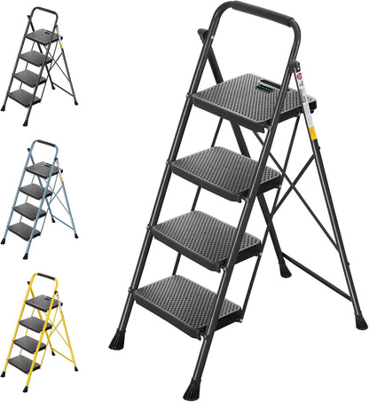 TICONN 2 Step Ladder, Heavy Duty Foldable Step Stool, Portable Steel Folding Stool for Household Garage Storage (Black)