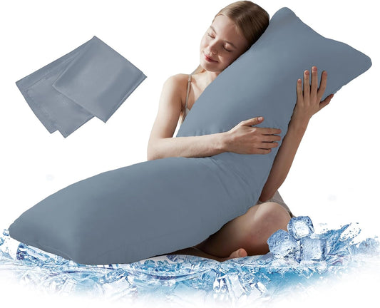 DOWNCOOL Large Body Pillow Insert with Cooling Cover - Soft Long Bed Pillow for Summer - Breathable Full Body Pillow for Adults - 20x54 inch (Grey, with Cover)