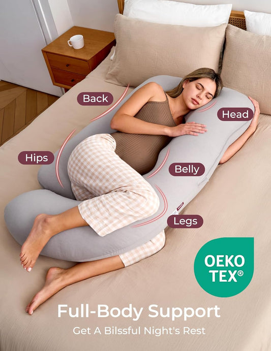 Momcozy Pregnancy Pillows for Sleeping, U Shaped Full Body Pillow for Pregnancy Women with Removable Jersey Cotton Cover, 57 Inch Maternity Pillow, Grey