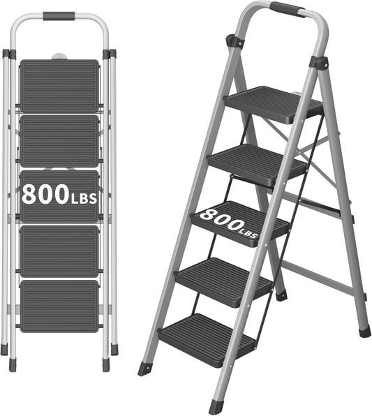 5-Step Foldable Step Ladder Stool with Handle, Anti-Slip Wide Pedals & Feet, 800lbs Capacity, Sturdy Stepstool Folding for Adults in Home & Kitchen Use - Silver Gray