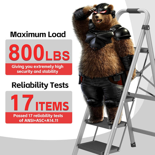 5-Step Foldable Step Ladder Stool with Handle, Anti-Slip Wide Pedals & Feet, 800lbs Capacity, Sturdy Stepstool Folding for Adults in Home & Kitchen Use - Silver Gray