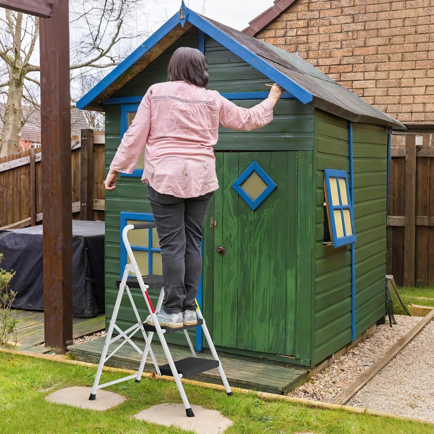 BONTEC 3-Step Ladder, Folding Step Stool, 600lbs Max Load Capacity, Sturdy Steel, Non-Slip Pedals, Lightweight, Portable Steel Ladder with Convenient Handrail, Safety Design for Home & Work, White
